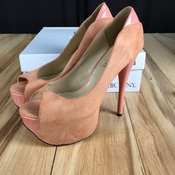 Luichiny platform heel Coral peach suede open toe - Picture 4 of 7